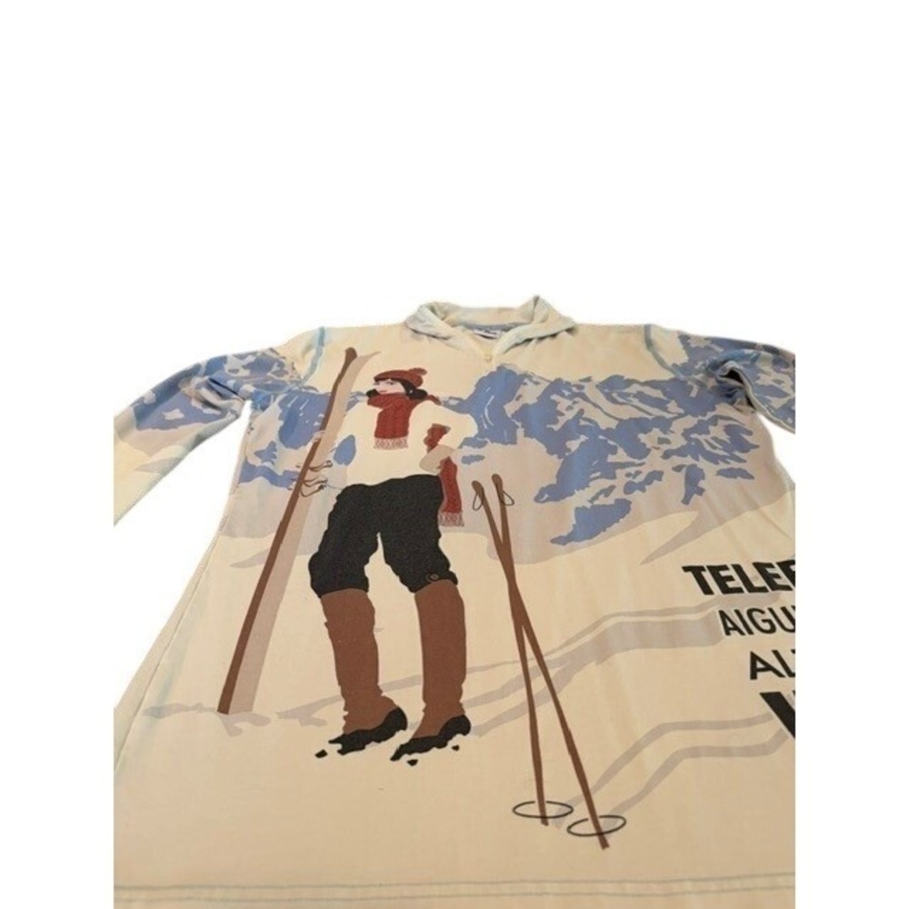 Neve Chamonix Ski Graphic Silk Wool Quarter Zip Pullover Womens Cream Blue XL - Picture 2 of 8
